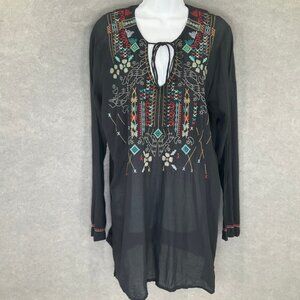 BIYA Johnny Was Tunic Top XL Black Embroidered Bohemian Blouse Lightweight
